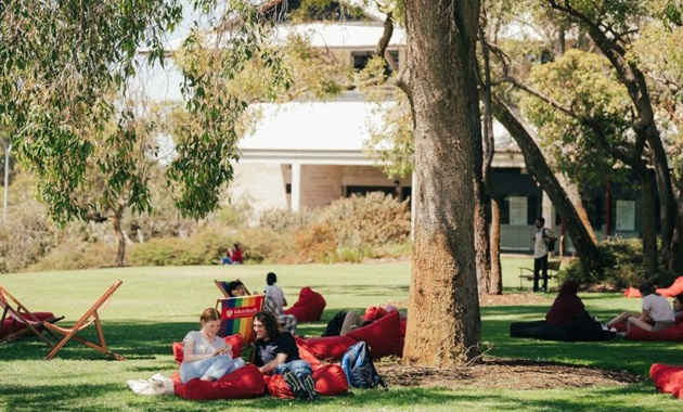 A group of Murdoch students relaxing on bean bags and deck chairs in Bush Court