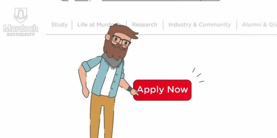 An animated character selects 'apply now' with his hand