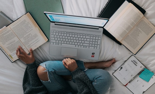 Bird's eye view of student studying