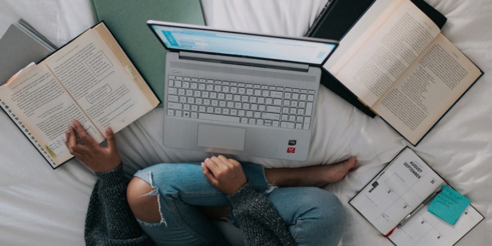 Bird's eye view of student studying