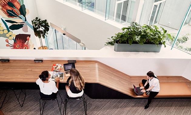 Birds eye view of three female students studying in a bright building.