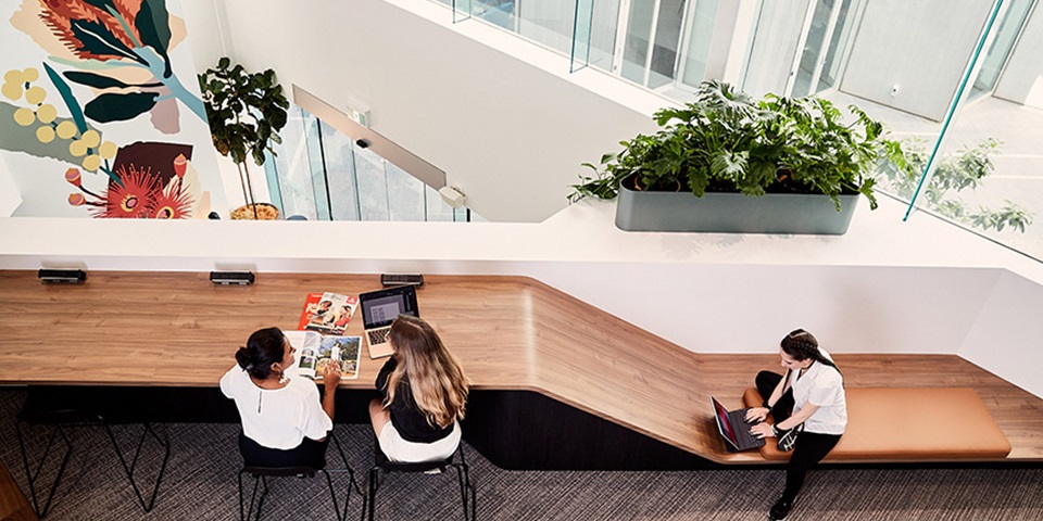 Birds eye view of three female students studying in a bright building.