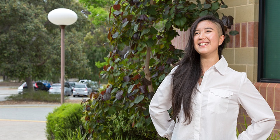 International student Chantal Ng posing and smiling at Murdoch University