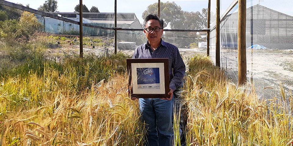 Chengdao Li holding his award near some barley