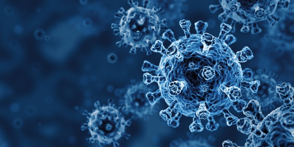 Coronavirus cells on a blue background