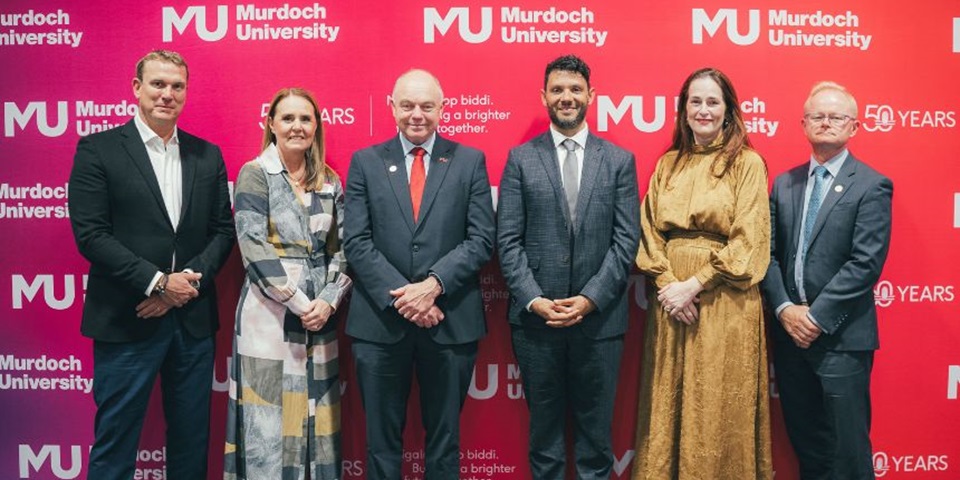 Distinguished Alumni Awards 2024: (left to right) Paul Blackburne, Julia Schortinghuis, VC, Prof. Braden Hill, Suzanne Daubney, Dr Mark Schipp