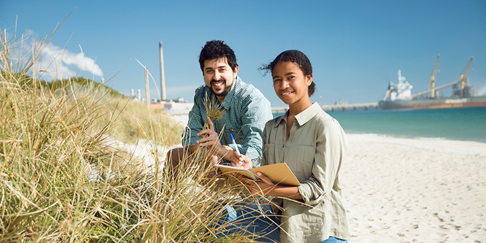 Students working at the beach