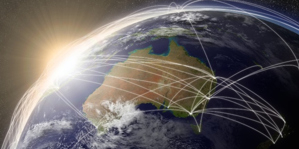 Map of Australia with flight lines into and out of cities