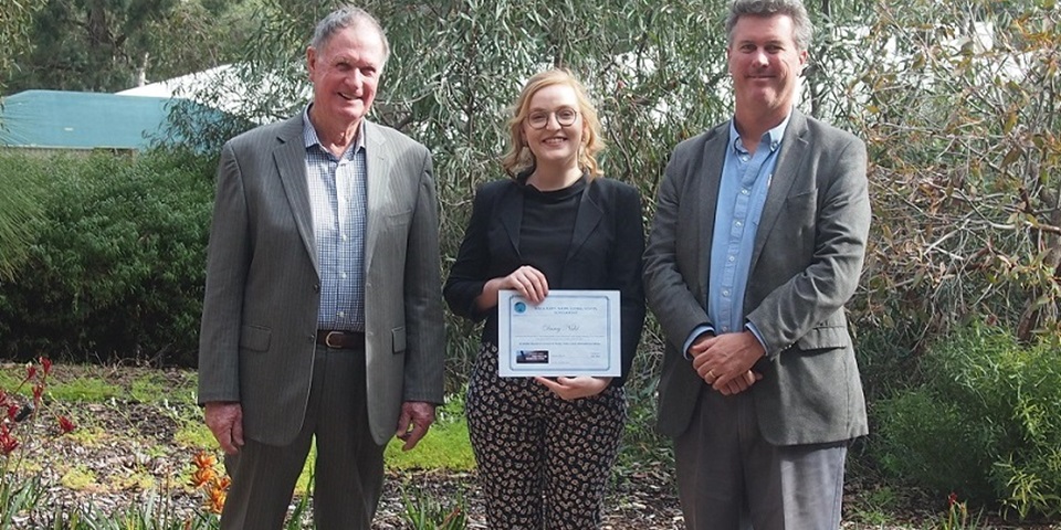 Global Voices Scholarship recipient Darcy Nidd with Mal Nairn and Ben Reilly