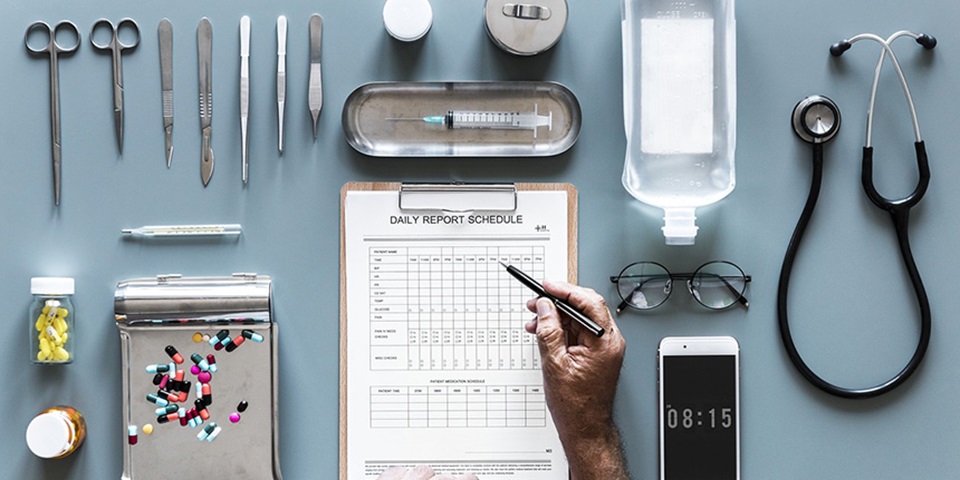 Medical items arranged in a flat-lay style