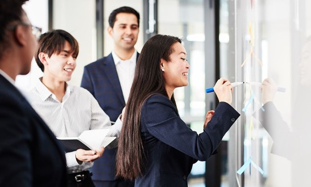 Group of students writing on whiteboard