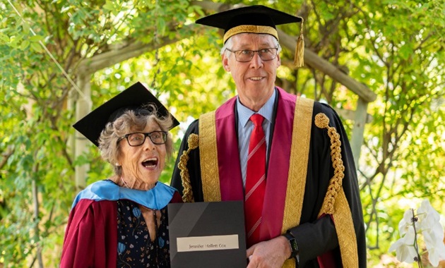 Jennie Cox and Chancellor Gary Smith and at-home graduation ceremony in Jennie's garden