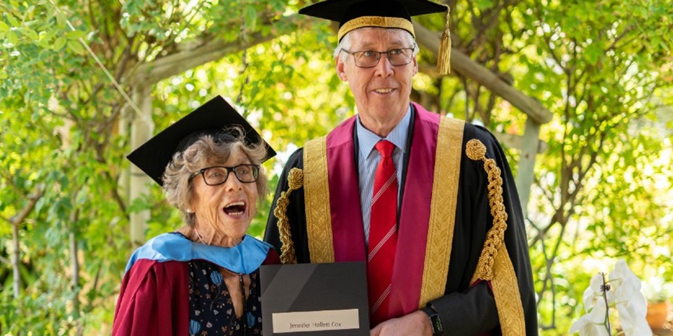 Jennie Cox and Chancellor Gary Smith and at-home graduation ceremony in Jennie's garden