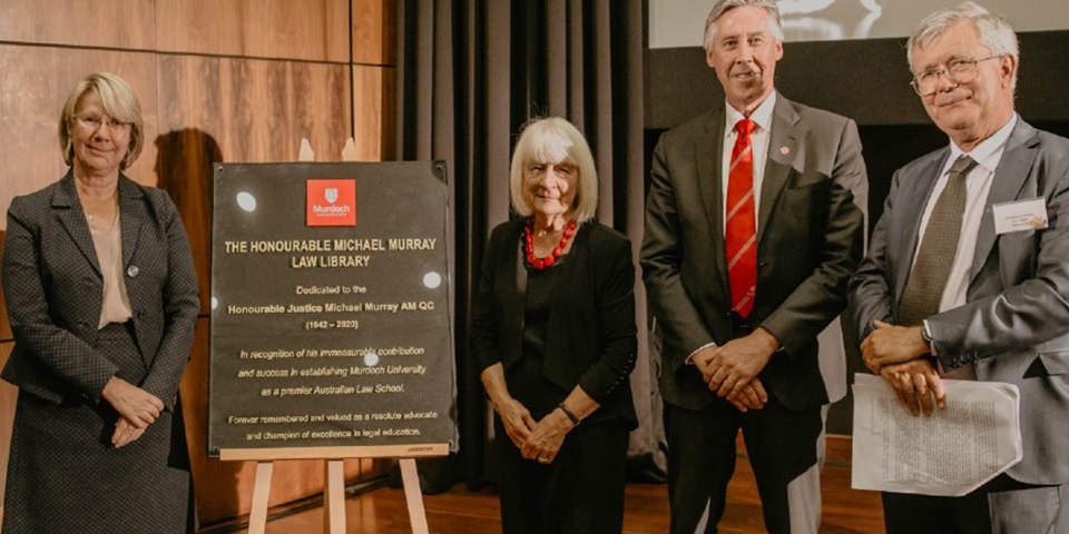 Murdoch University VC, Chancellor, Emeritus Professor and Justice Murray's wife stand by plaque