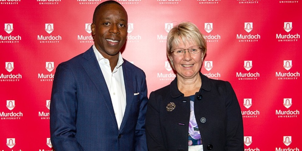 Mr Kojo Anna, keynote speaker at the 2019 Africa Australia, with Murdoch University Vice Chancellor Eeva Leinonen