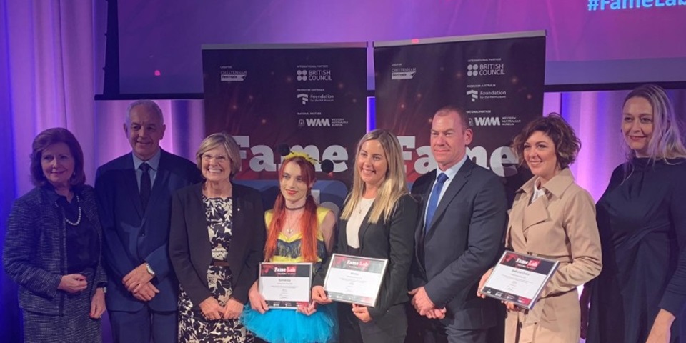 Paola Magni with the Famelab judges and winners