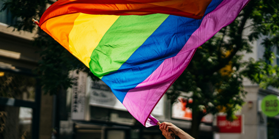 Pride flag being held in the air.