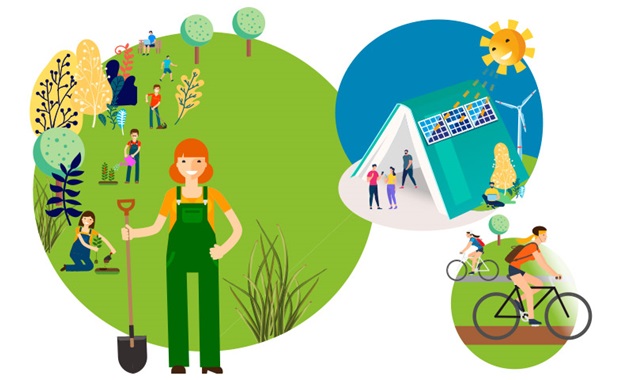 Illustration of eco-friendly life with people planting trees and using solar panels