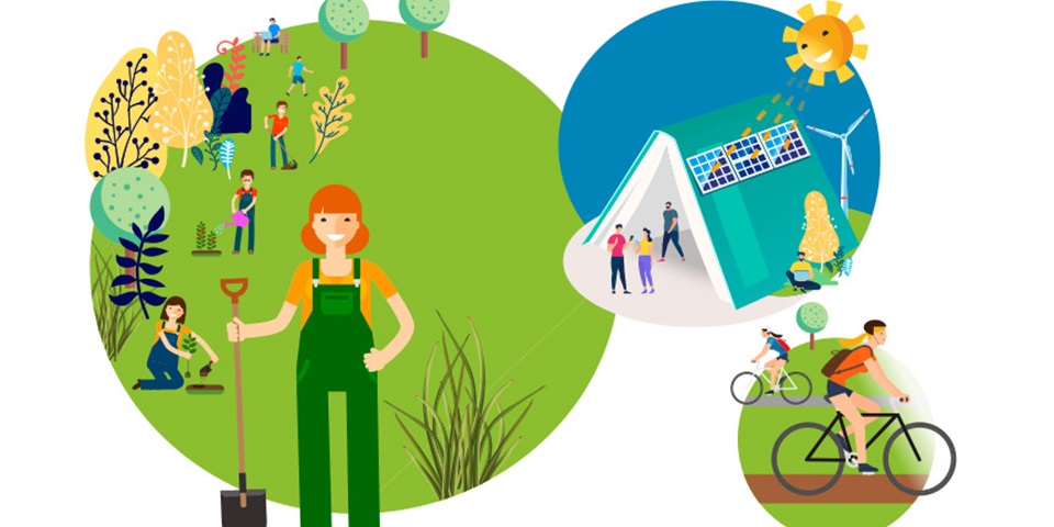 Illustration of eco-friendly life with people planting trees and using solar panels